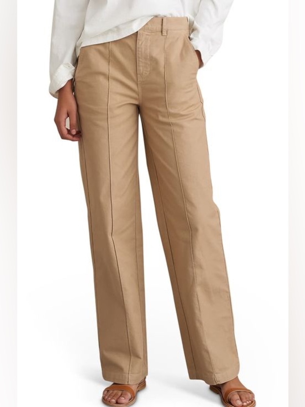Alex Mill Stretch Cotton Twill Trousers Front Seam Wide Keg Khaki Tan Size 8